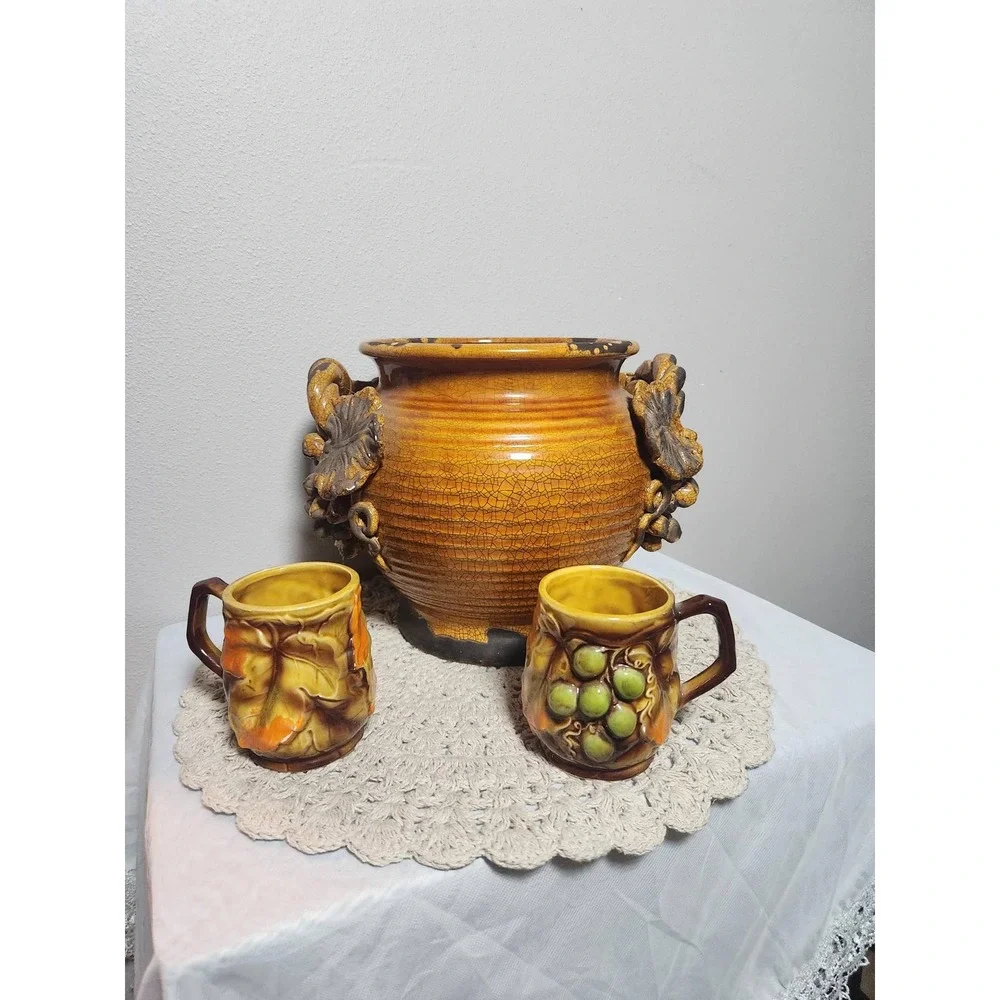 Vintage Ceramic Grape Cluster Centerpiece Pot and Matching Mug Set Amber Gold